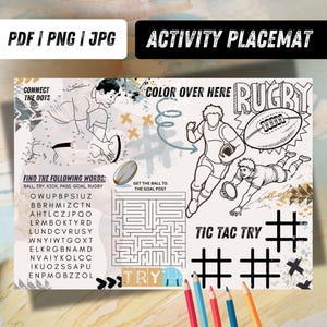 Rugby Activity Placemat | Kids Green & Gold Rugby Party Printable | Coloring and Games Sheet, RugG1