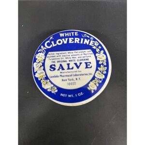 Vintage White Cloverine Salve Tin Blue & White Litho Lambda Pharmacal Medical Ad