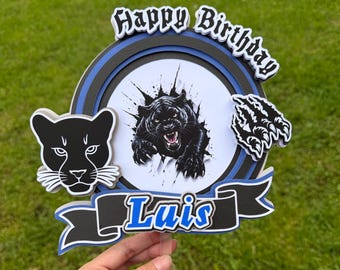 Personalized Black Panther Cake Topper, Jungle Theme Birthday Decor, Layered Cardstock Shaker