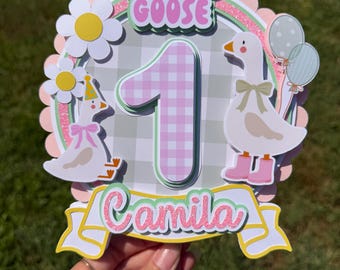 Silly Goose Cake Topper, Custom Birthday Party Decor, Personalised Goose Theme Cake Topper, Pastel Pink Gingham Goose Cake Smash Deco