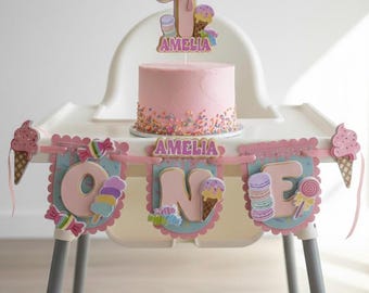 Ice cream High chair banner- sweets Pink Girl Party Decorations, Cake topper, 1st,2nd birthday