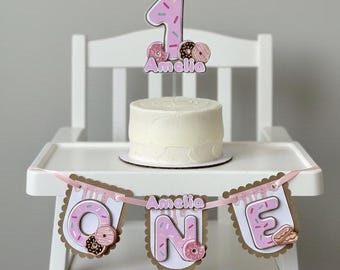 Donuts High chair banner- sweets Pink Girl Party Decorations, Cake topper, 1st birthday