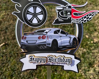 Flaming Wheel Race Car Cake Topper, JDM Sports Birthday Decorations, Racing Theme Party Decor