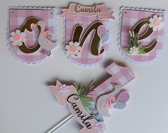 Silly Goose First Birthday Banner and Cake Topper, Pink Gingham Bunting, Camila Name