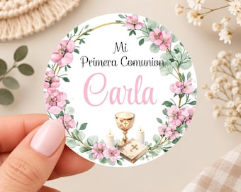 PRINTED Custom First Communion Stickers, Spanish text Personalized Thank You Labels, Floral Wreath Design