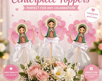 Chibi Virgin of Guadalupe Baptism Centerpiece Topper – Pink Gold Religious Party Decoration