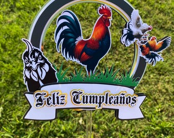 Rooster Cake topper happy birthday, feliz cumpleaños decorations.