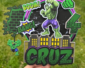 Green Superhero Cake Topper, Custom Boy Birthday Party Decorations, Comic Book Smash Cake Topper Personalized Name and Age