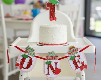 Berry 1st birthday High chair banner- strawberry Pink, Cake topper  Red Girl Party Decorations,