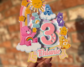 Custom Rainbow Bear Cake Topper with Name and Age, Pastel Cloud Bear Birthday Decor, 3D Shimmer Girls Cake Topper Pastel Bear Theme
