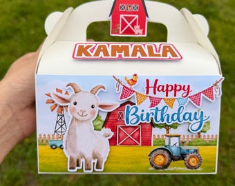 Personalized Farm Birthday Gable Box, Barnyard Theme with Goat, Custom Name Treat Box
