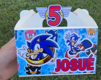 12 Pack- Blue Hedgehog Favor Boxes, Personalized Video Game Birthday Party Gable Box, Custom Speedster Treat Box with Name and Age