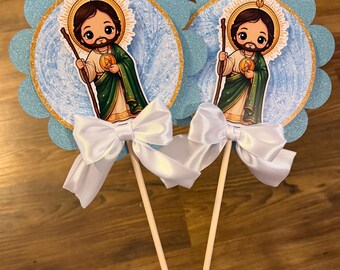 San Judas Tadeo Glitter Cake Topper, Religious Party Centerpiece Decorations