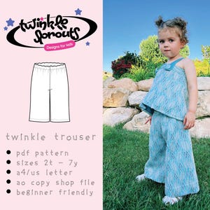 May include: A young child wearing a matching turquoise top and wide-leg pants set with a diamond pattern. The image also features a line drawing of the "twinkle trouser" pattern, the brand logo, and text indicating the pattern is beginner-friendly and available in sizes 2T-7Y.