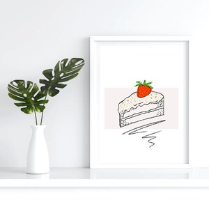 Strawberry Cake Kitchen Art Print, Sweet Dessert Wall Decor, Printed Artwork for Kitchen