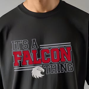 May include: Black t-shirt with the text "IT'S A FALCON THING" in red and gray lettering, along with a white falcon head graphic. The shirt has short sleeves and a crew neck.