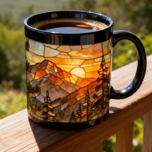 May include: A black coffee mug with a mountain and sunset design. The mug is filled with dark coffee and sits on a wooden railing. The background features a blurred view of trees and a sunny sky.