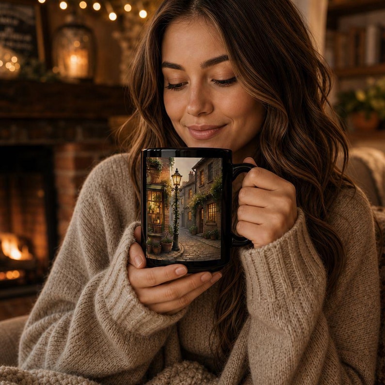 May include: A black ceramic mug displaying a detailed street scene with a cobbled path, street lamps, and buildings. The mug is held by a person wearing a beige jumper, with a fireplace and fairy lights in the background.