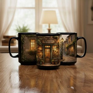 May include: Three black coffee mugs with detailed illustrations of a bookstore and a European street scene. The mugs feature the text "Rebecca's Bookstore" and are set on a wooden surface.