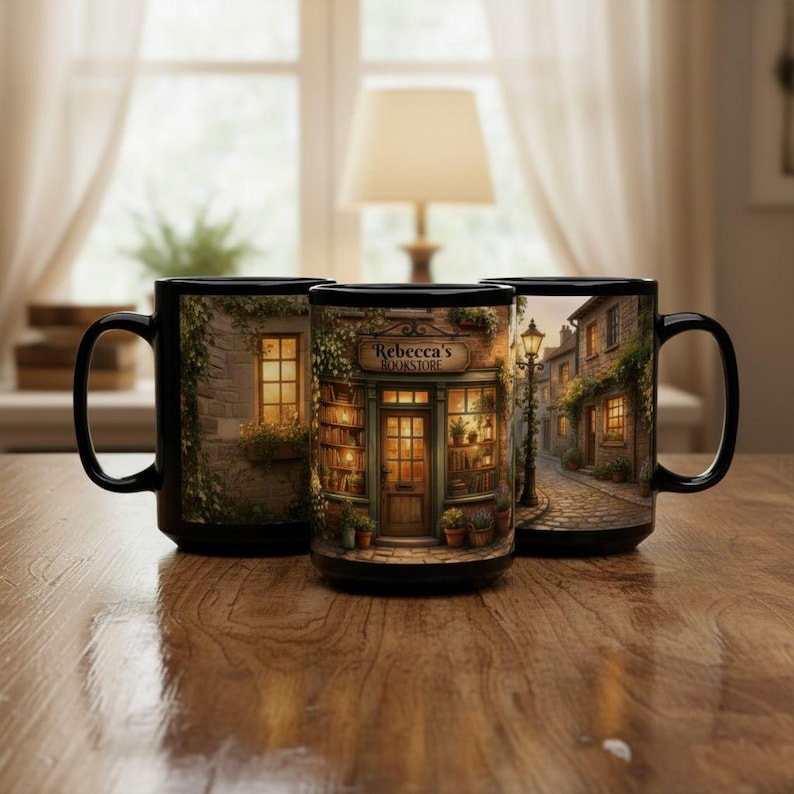 May include: Three black coffee mugs with detailed illustrations of a bookstore and a European street scene. The mugs feature the text "Rebecca's Bookstore" and are set on a wooden surface.