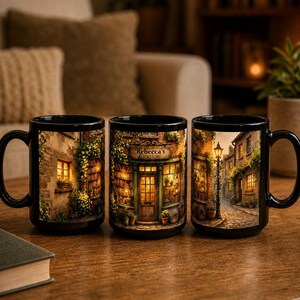 May include: Three black coffee mugs with detailed illustrations of a bookstore and a street scene. The mugs feature the text "Rebecca's Bookstore" and are set on a wooden table.