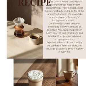 Könnte beinhalten: Bild mit asiatischen Kaffeerezepten. Enthält ein Pour-Over-Kaffee-Setup, eine Tasse Kaffee und einen geschichteten Latte. Der Text lautet "Asiatisches Kaffee Rezept" und beschreibt die Kaffeekultur und die Brühmethoden.