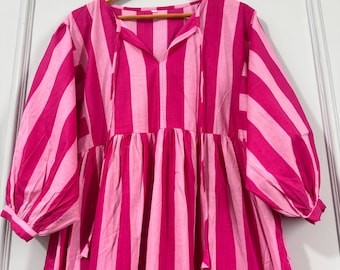 Block Print Cotton Gauze Midi Dress - Deep Neck Summer Dress