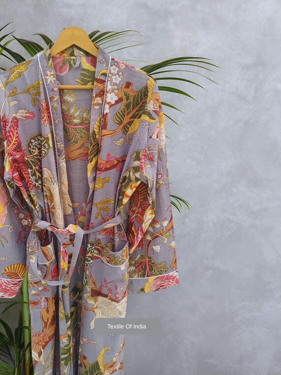 Floral Cotton Kimono Robe, Block Print Dressing Gown, Boho Bathrobe