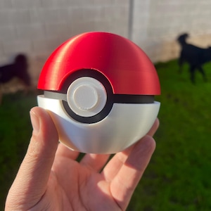 May include: A red and white Poké Ball, a spherical device used in the Pokémon franchise to capture and contain Pokémon. The top half is red, the bottom half is white, and a black band separates the two halves. A white button is in the center.