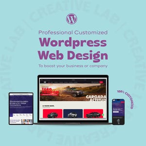 Puede incluir: Imagen promocional de diseño web, con un portátil, una tableta y un smartphone. Los dispositivos muestran una interfaz de sitio web. El texto incluye "Wordpress Web Design" y "Para impulsar tu negocio o empresa".