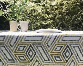 Coated French Tablecloth Stain & Water Resistant  - Round, Square, Rectangle, Oval - Umbrella Hole Available - Custom Made in Geometrical