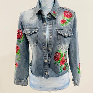 Hand-Painted Rose Denim Jacket: Upcycled Wearable Art (Size Small)