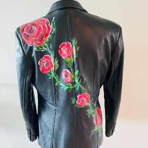 Hand-Painted Black Leather Jacket with Red Roses |One-of-a-Kind Wearable Art