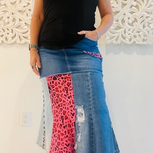 Upcycled Denim Maxi Skirt: Pink Leopard & Floral Boho Patchwork