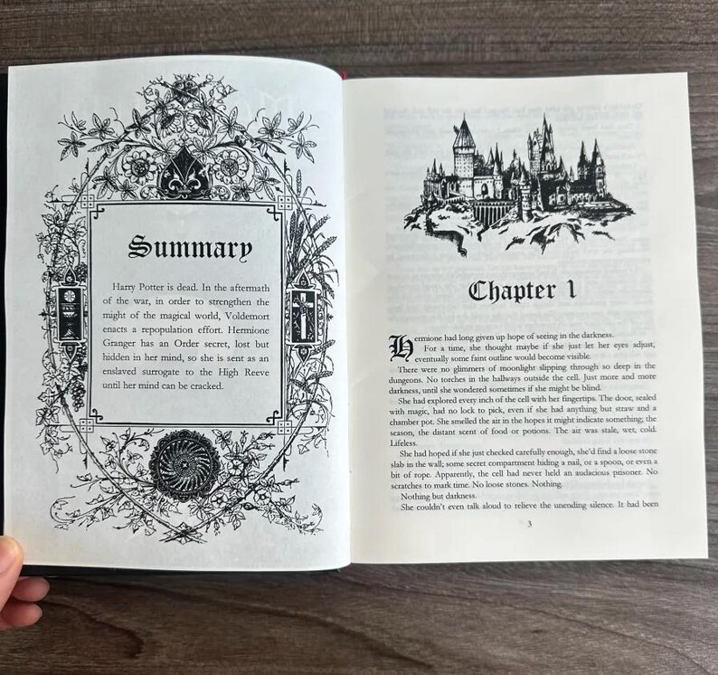 Może przedstawiać: Otwarta książka z dwiema stronami. Lewa strona zawiera ozdobną ramkę wok&oacute;ł słowa &bdquo;Podsumowanie&rdquo; i tekstu. Prawa strona przedstawia ilustrację zamku i słowa &bdquo;Rozdział 1&rdquo; z tekstem poniżej. Książka jest otwarta na białej powierzchni.