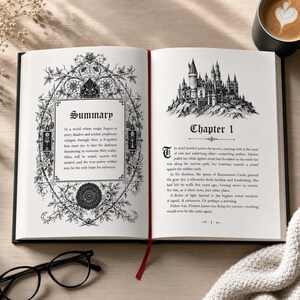 Może przedstawiać: Otwarta książka z czarno-białymi ilustracjami. Lewa strona zawiera słowo "Summary" w dekoracyjnej ramce i tekst. Prawa strona przedstawia ilustrację zamku i "Chapter 1". Widoczna jest czerwona wstążka jako zakładka.