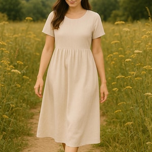 Linen Midi Dress Women - Natural Summer Boho Outfit | Minimalist Loose Fit Clothing