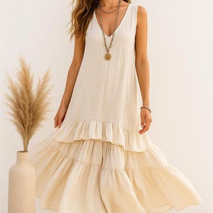 Boho Tiered Maxi Dress – Beige Sleeveless Ruffle Summer Dress | Beachy Flowy Cotton Dress | Casual Resort Wear for Women