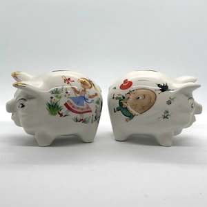 Pair of Old Foley James Kent Piggy Banks with Nursery Rhyme Pictures