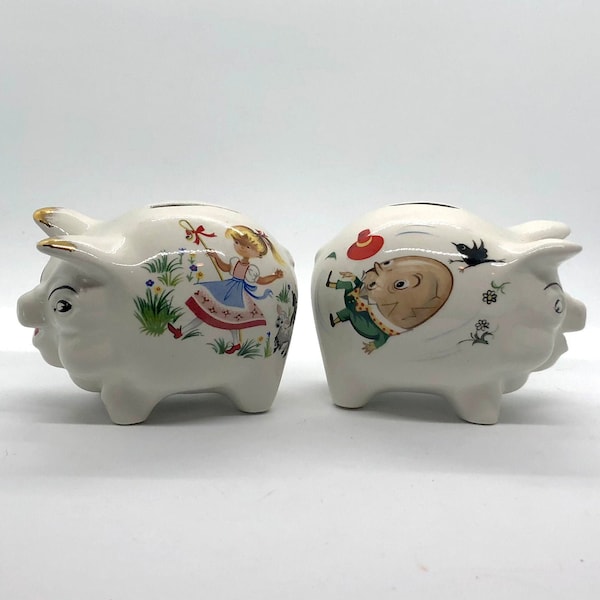 Pair of Old Foley James Kent Piggy Banks with Nursery Rhyme Pictures