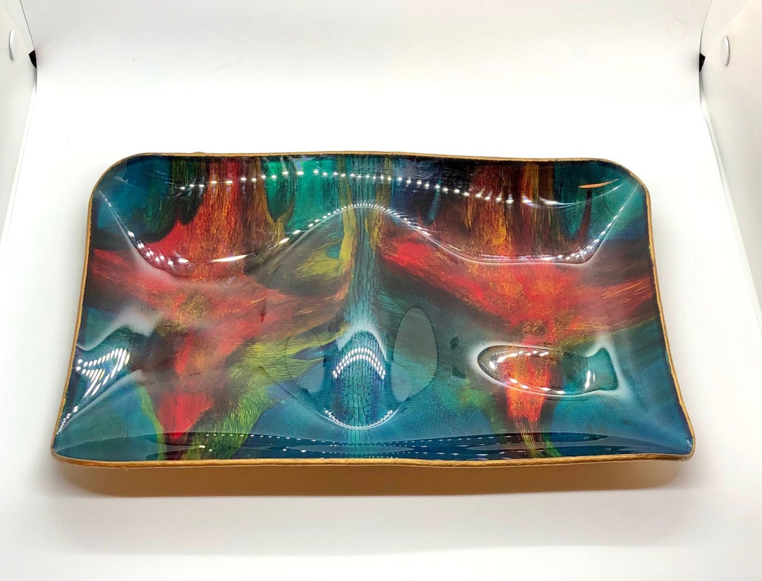 MCM Art Glass Dish Tray Seetusee Leather Backed Etsy