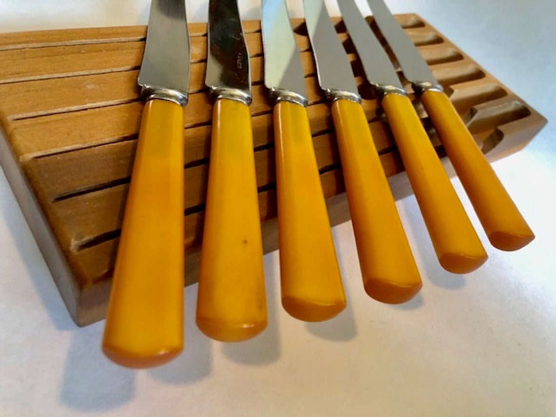 Set of Six 6 Dinner Knives With Butterscotch Bakelite Handles Etsy