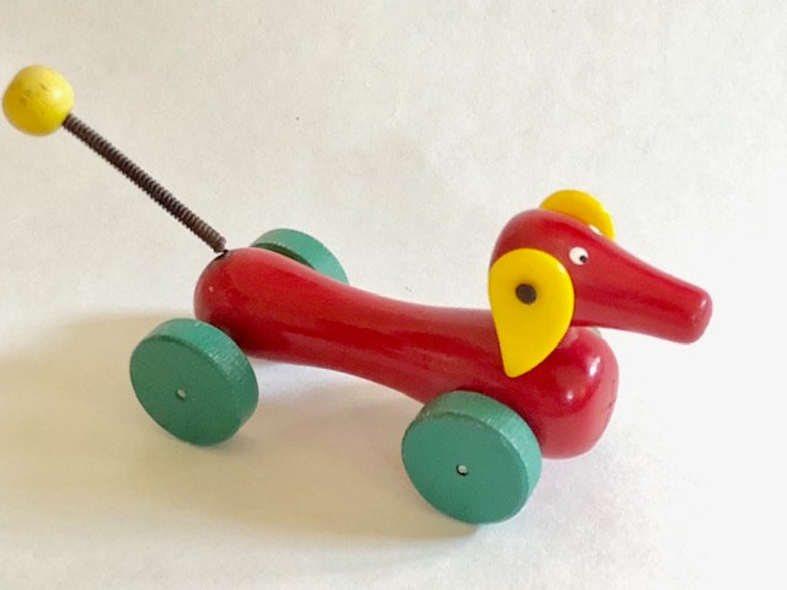 Vintage Brio Red Dog Dachshund Push Toy Wooden Green Wheels Etsy