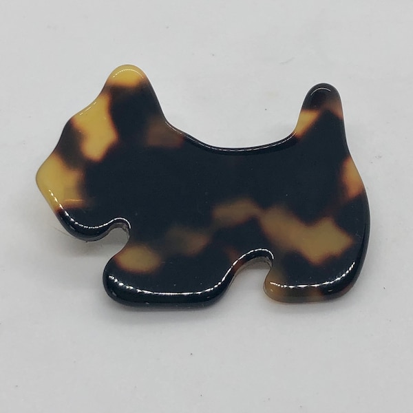 Celluloid Faux Tortoise Shell Scottie Dog Brooch Signed Agatha (Paris)