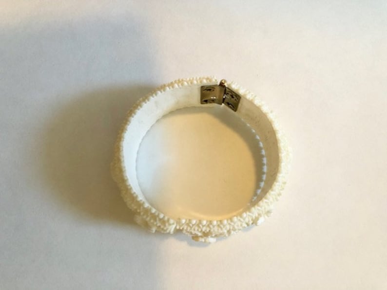Small Creamy White Hinged Cuff Bracelet with Orchid Pattern Celluloid