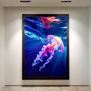 Puede incluir: Impresión enmarcada de una medusa vibrante nadando bajo el agua. La medusa es una mezcla de rosa, morado y naranja, con largos tentáculos. El fondo es azul oscuro, con rayos de luz brillando a través del agua.
