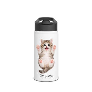 Kitten-themed stainless steel water bottle with standard lid. Available in 3 sizes (12 oz, 18 oz, 32 oz).