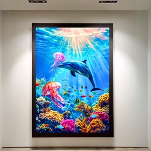 May include: A framed art print featuring a vibrant underwater scene. A blue dolphin swims near colorful coral, fish, and jellyfish. The artwork has a bright, sunny appearance with light rays shining through the water.