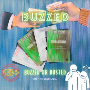 May include: An illustration of a card game called "BUZZED" with various card designs. The game cards are in shades of green, white, and gray. The image also includes the text "BUZZED OR BUSTED" and "18+". Two hands are shown clinking glasses.