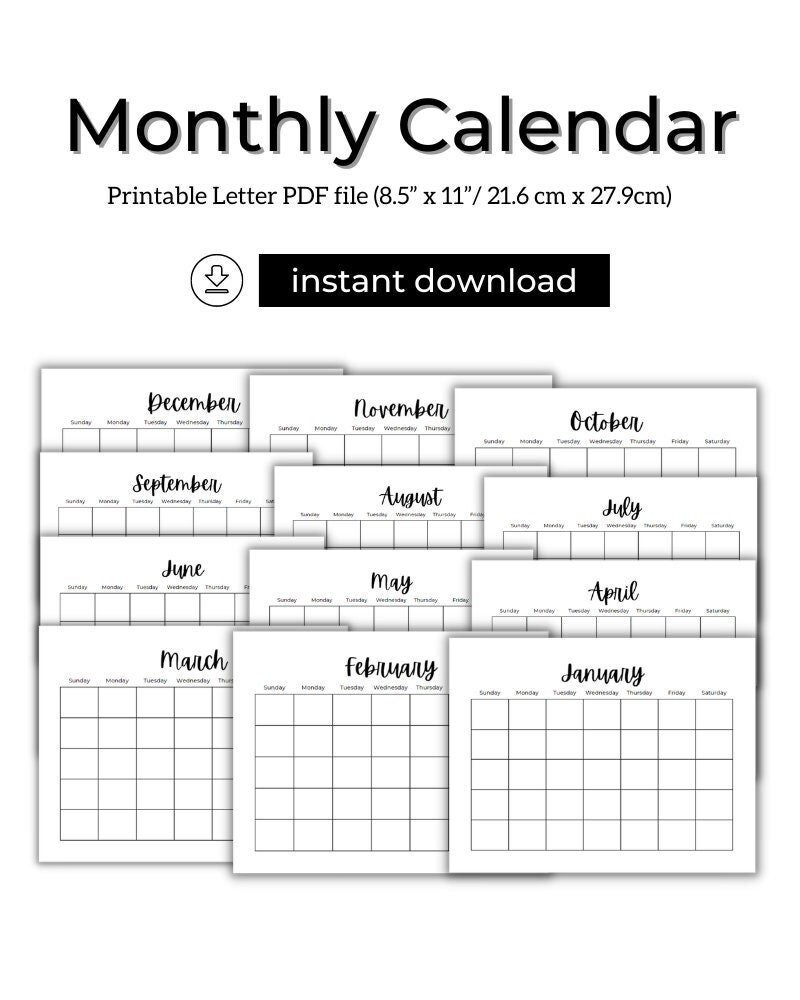 Monthly Calendar Planner Printable PDF Letter Size - Etsy